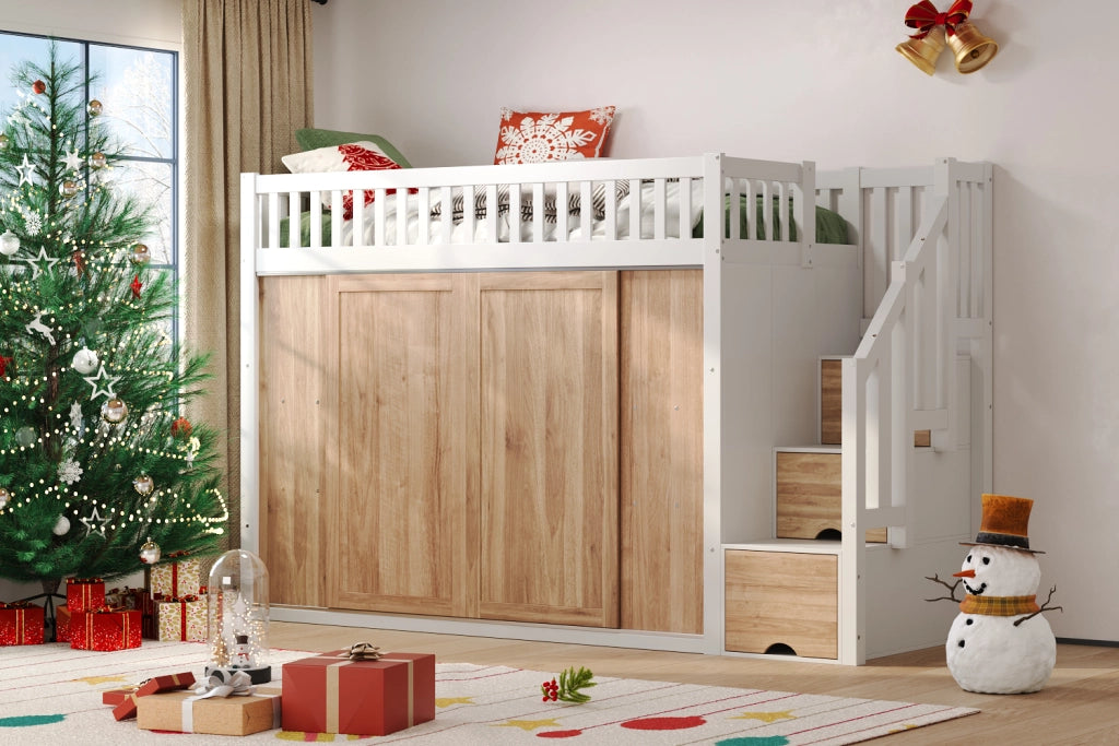 DESMIU Letto a soppalco per bambini 1 posto con armadio, scala contenitore e LED 90 × 200 cm, senza materasso