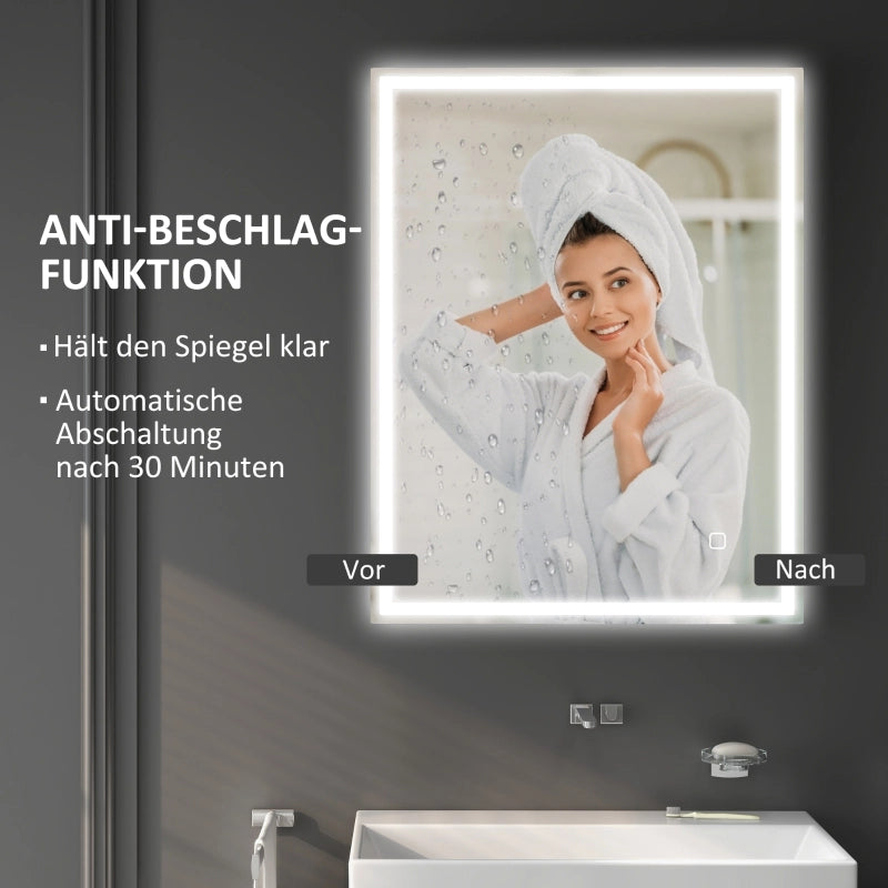 Specchio da bagno LED 90x70 cm con luce a 3 colori, funzione antiappannamento e touch, argento