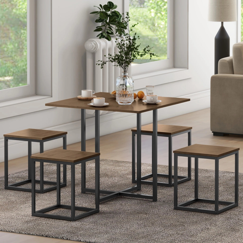 Set 5 Pezzi Sedie Tavolo Sala da Pranzo Moderne in Stile Industriale, Legno e Metallo, Nero e Color Legno
