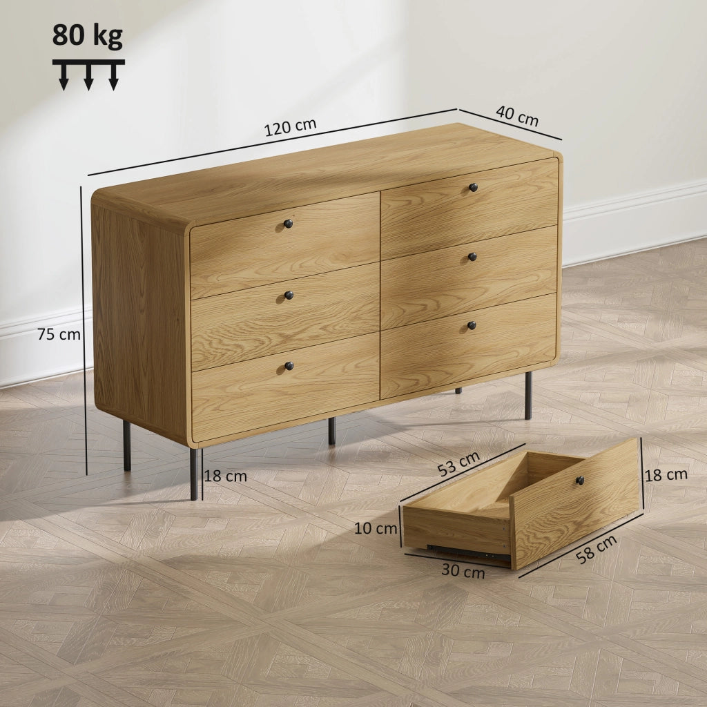 Cassettiera 6 cassetti ¨C Xylo ¨C legno rovere, angoli arrotondati, piedi acciaio, 120x40x75cm