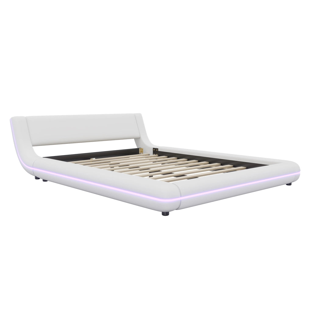 LETTO Basso 140x200 cm PU Bianco con LED Ambientale