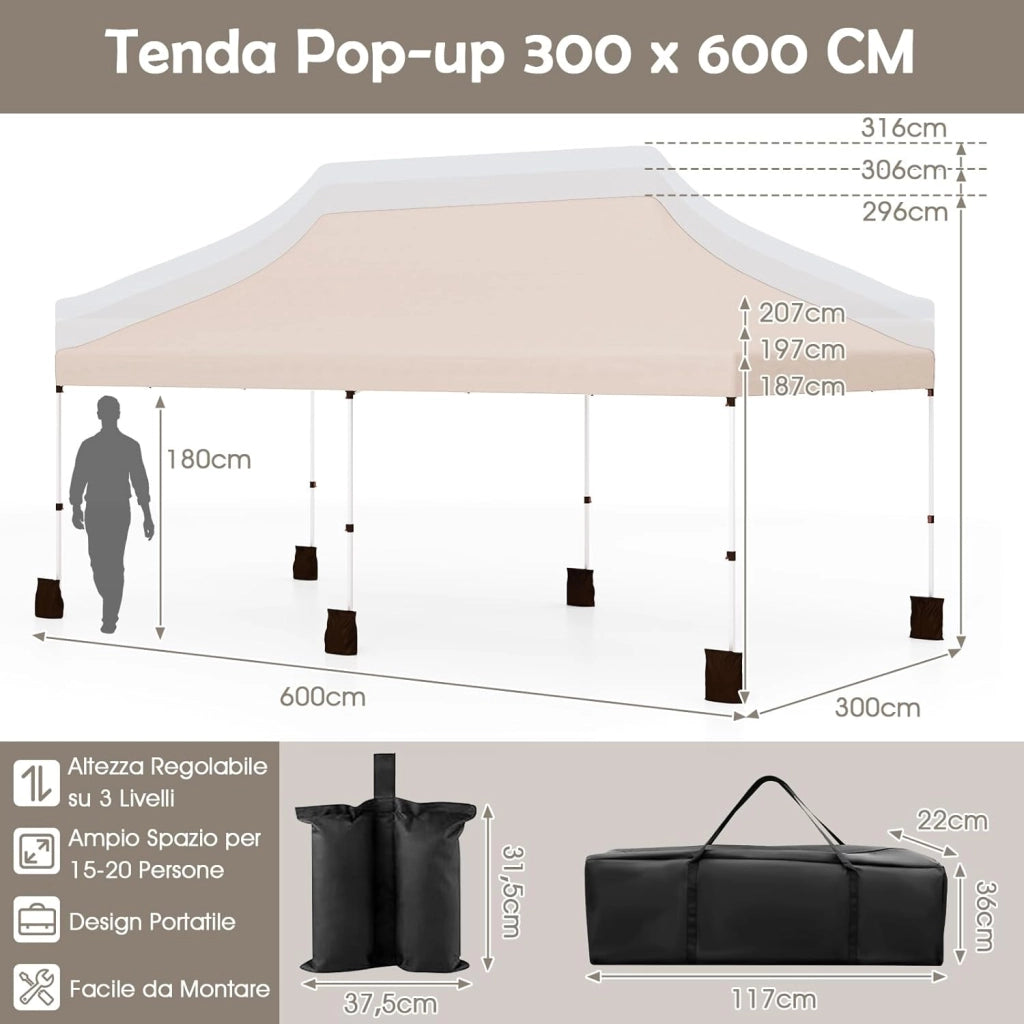 Gazebo Pieghevole da Giardino 3 x 6m, Gazebo Pop-up con Borsa da Trasporto, Regolabile in Altezza, per Feste (Beige)
