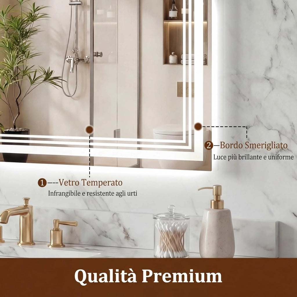 Specchio Bagno a LED Regolabile 70 x 50 cm, Specchio Rettangolare da Parete con Design Antiappannamento, Funzione Memoria, Controllo Touch, Vetro Temperato Infrangibile e Collegamento Fisso