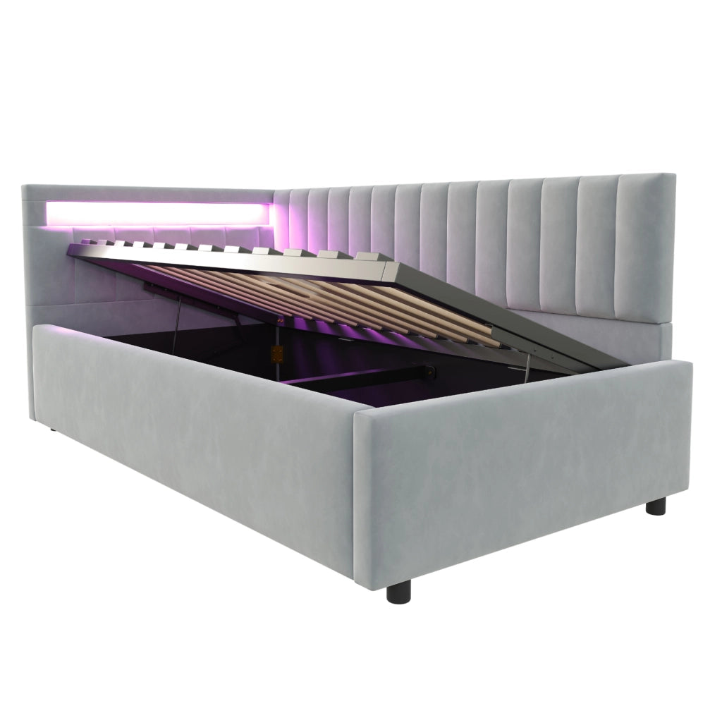 Letto imbottito 90x200 con LED, contenitore idraulico e rete a doghe