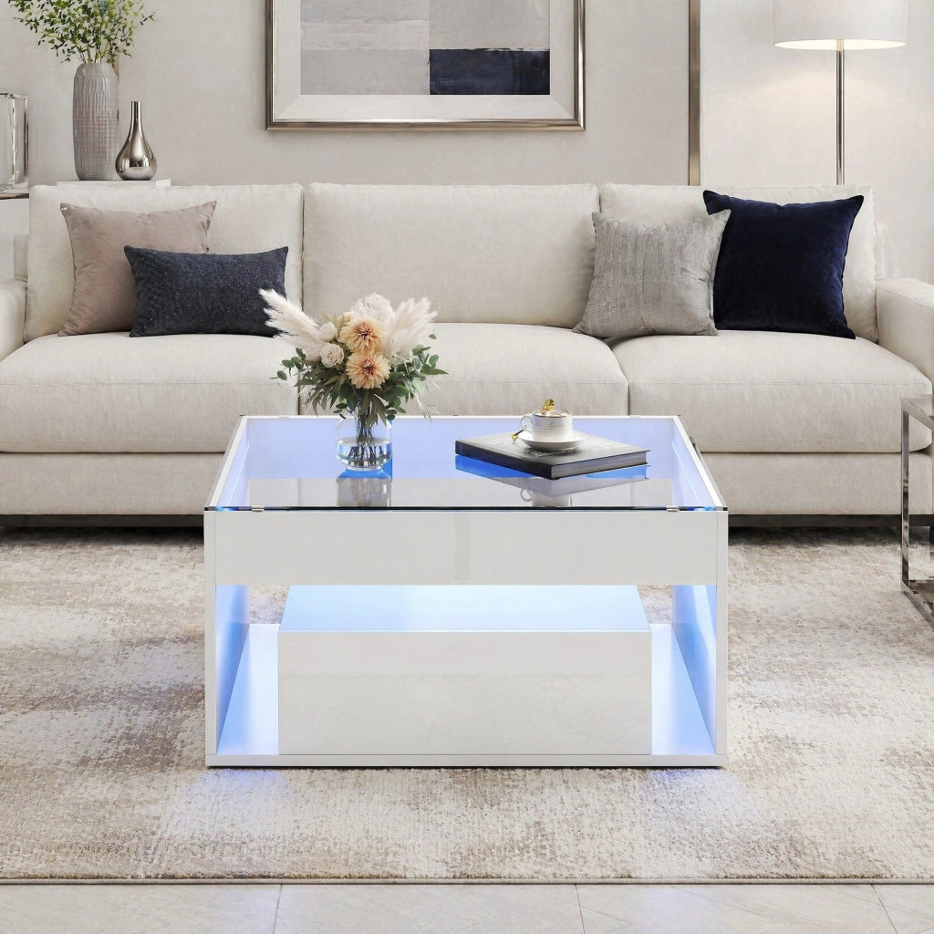 TAVOLINO DA CAFFÈ 70x70x35 cm Bianco in MDF e vetro temperato con LED