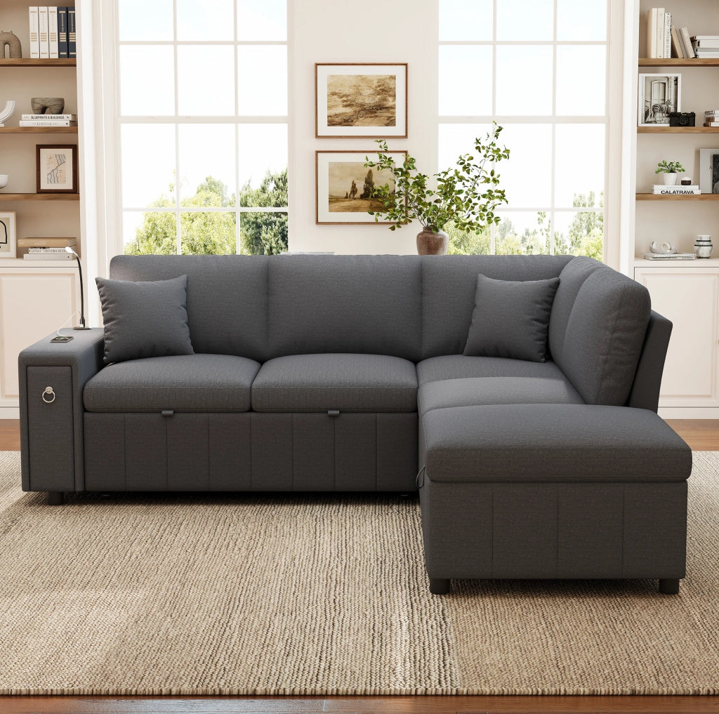 Divano letto angolare 5 posti con pouf contenitore; USB e Type-C grigio HOMVRA