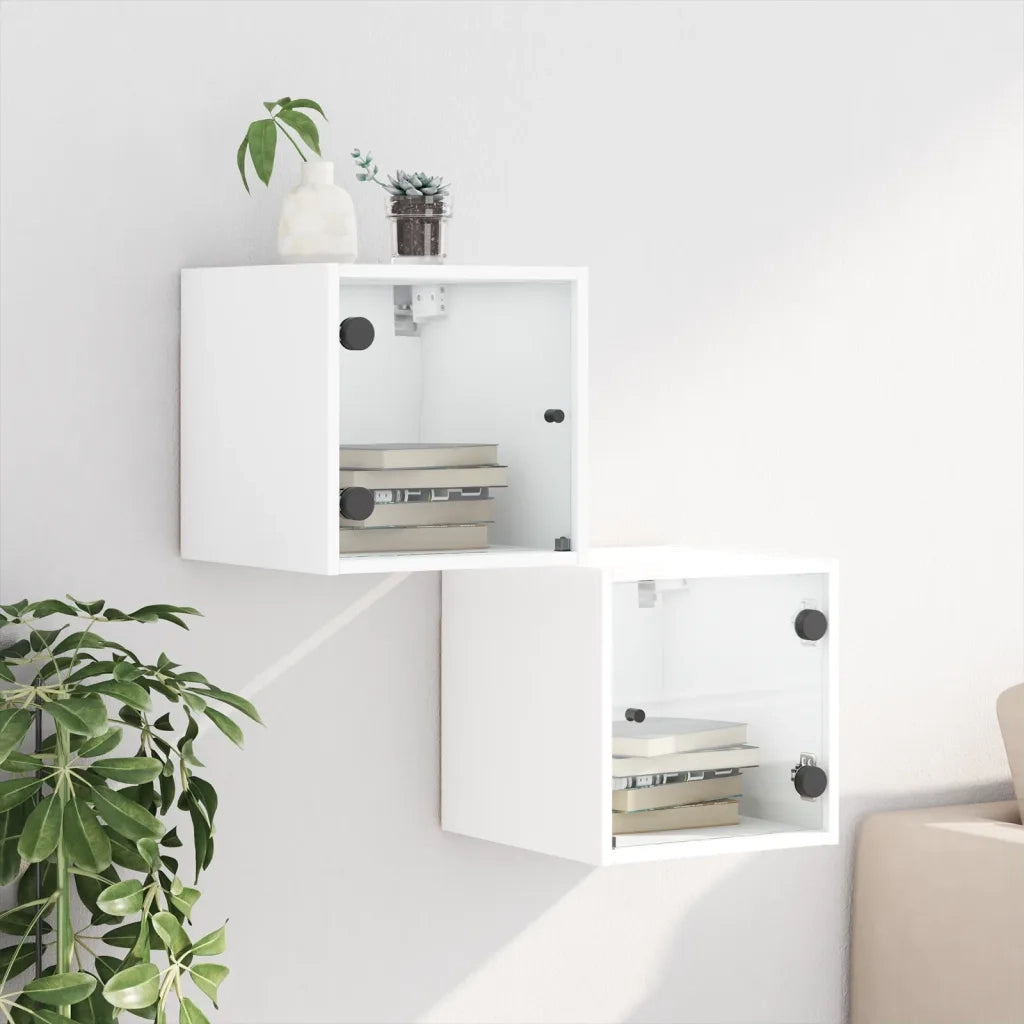 Comodini con Ante in Vetro 2pz-Set di 2 Tavolino da notte Bianco 35x37x35 cm