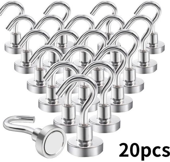 Magneetti con ganci extra resistenti - 10 kg - magneti neodimio con ganci - 20 pezzi - ganci magnetici - adesivi magnetici per pareti - magneti fissi - per porte in acciaio - frigoriferi - cucine - appendiabiti - ufficio - magneetti con ganci - zinco