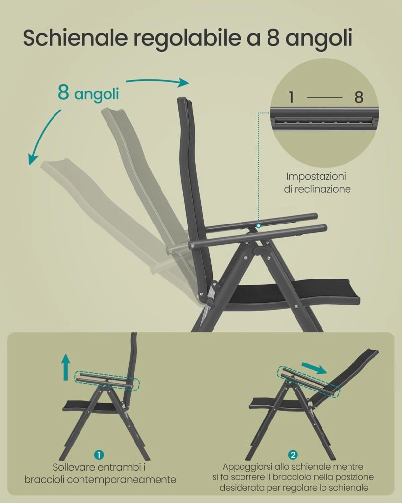 SONGMICS GCB30BK - Sedia da giardino, pieghevole, set da 4, con telaio in metallo, schienale regolabile in 8 posizioni, capacità di carico 150 kg, colore: nero