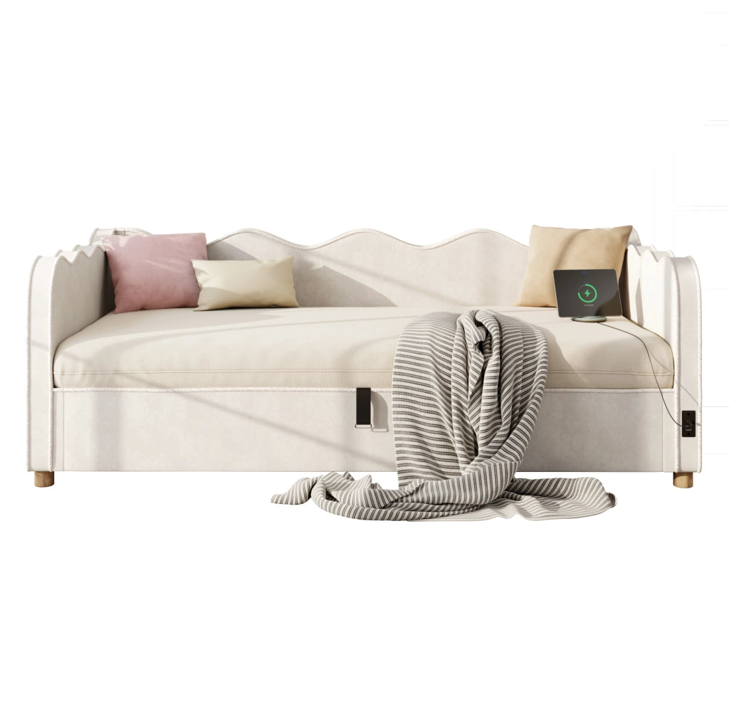 Letto daybed 90x200 cm con contenitore idraulico; velluto beige; con presa USB e Type-C