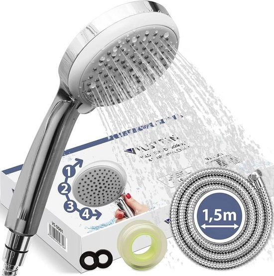 Douchekop con tubo, 4 tipi di tubo, tubo doccia in acciaio inossidabile, douchekop con tubo, tubo doccia con douchekop, dispositivo di sicurezza di rotazione, finitura cromata, 1,5 m