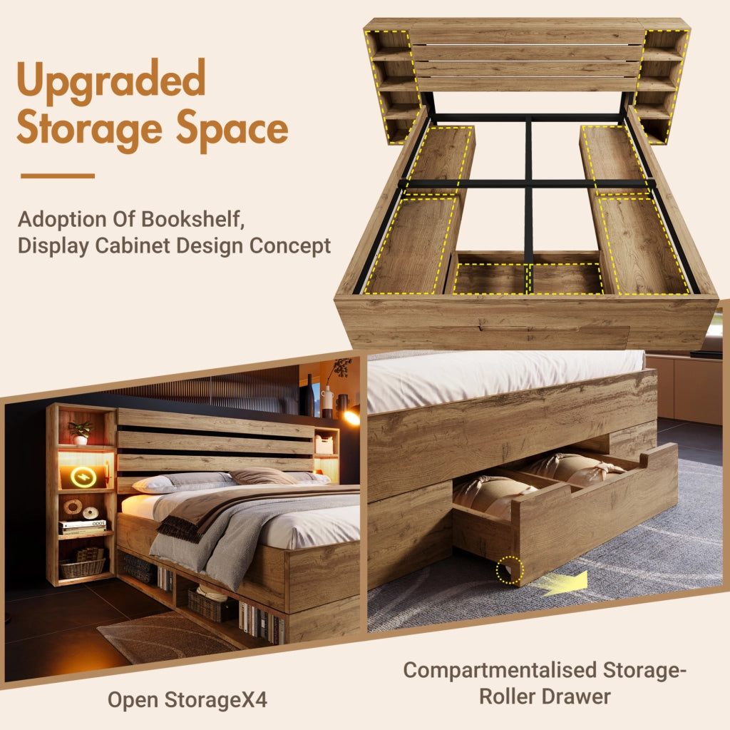 Letto matrimoniale ULEVR 160x200 cm con LED, USB e Type-C, vani nel testiera e 2 cassetti, rovere