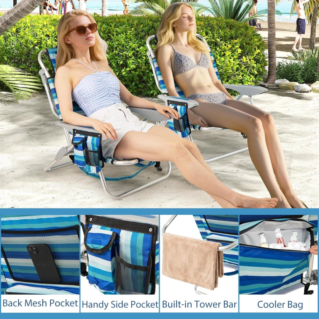 Sedia da spiaggia pieghevole, sedia da campeggio con schienale regolabile, poggiapolsi, tasche e braccioli, sdraio da esterno portatile per picnic, pesca (2)