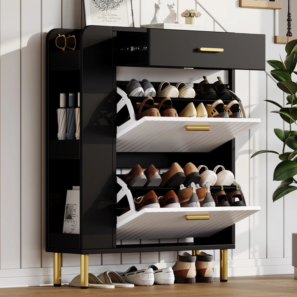 Scarpiera stretta con 2 ante ribaltabili 1 cassetto e 3 vani aperti in MDF e truciolare bianco nero 80 × 24 × 105 cm