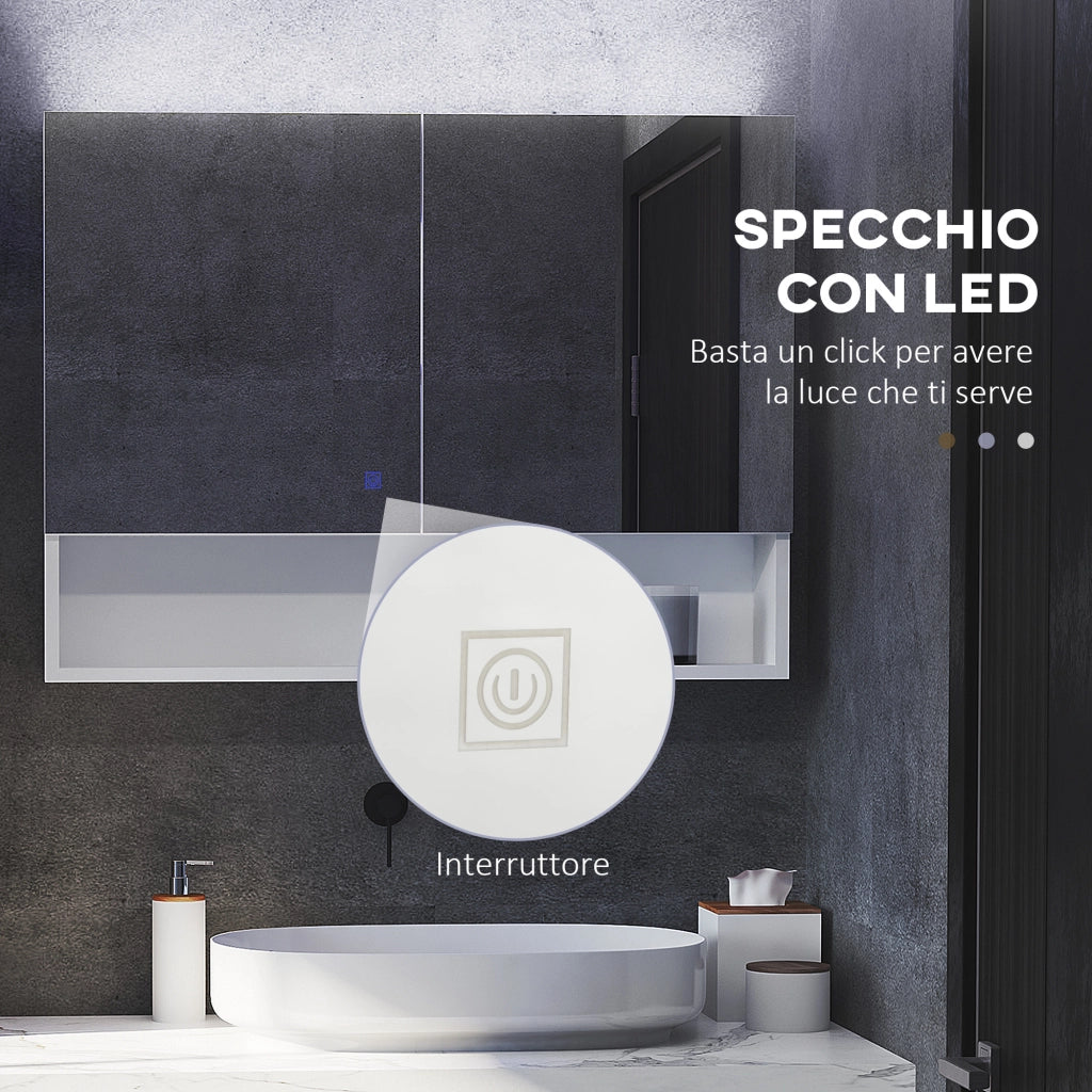 Armadio a Muro con Specchio, Luci LED, Ripiani Aperto e Interno ¨C Zephmum ¨C Bianco 80x15x60cm