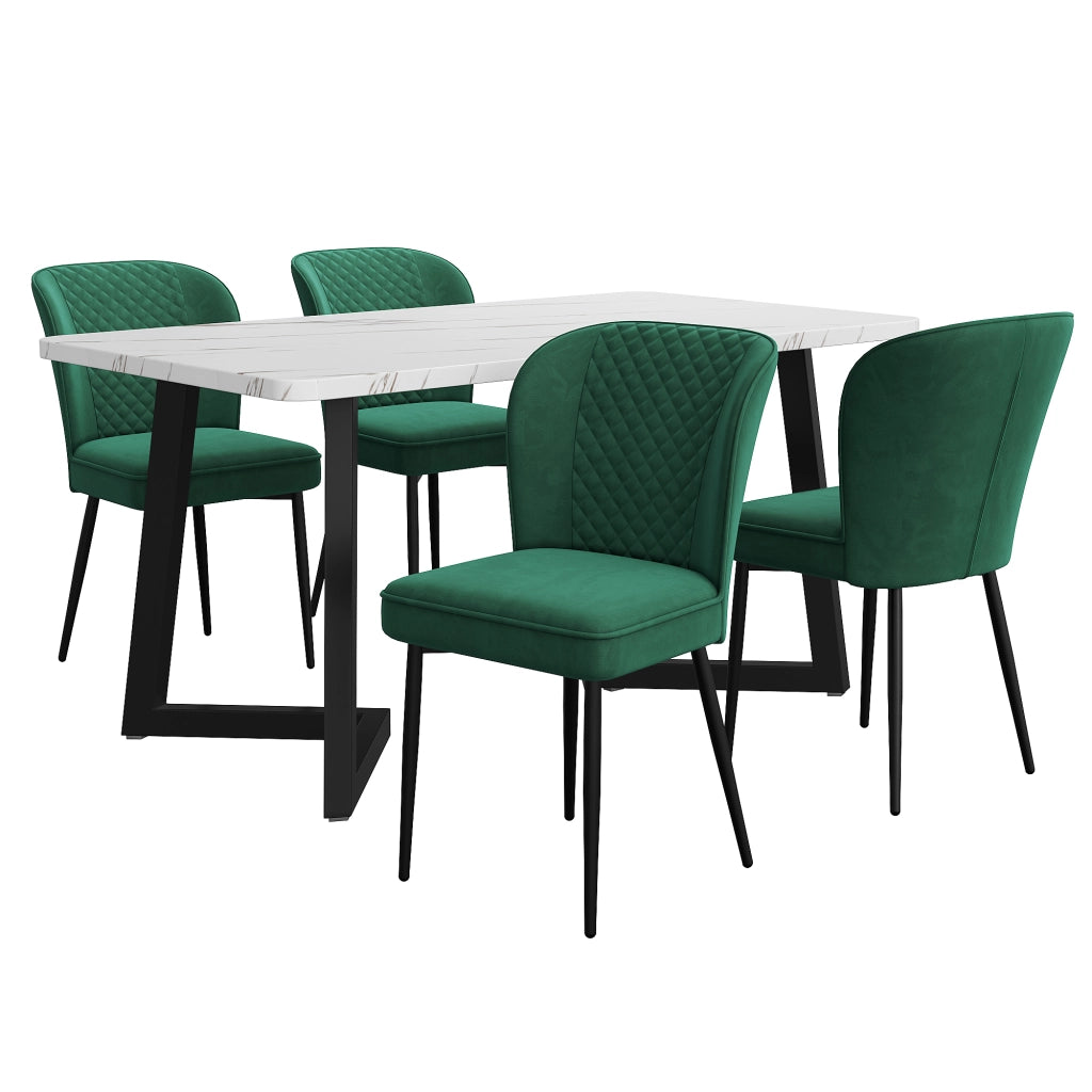 Tavolo da pranzo moderno 117 × 68 × 75 cm con 4 sedie imbottite in velluto e gambe in metallo, bianco e nero