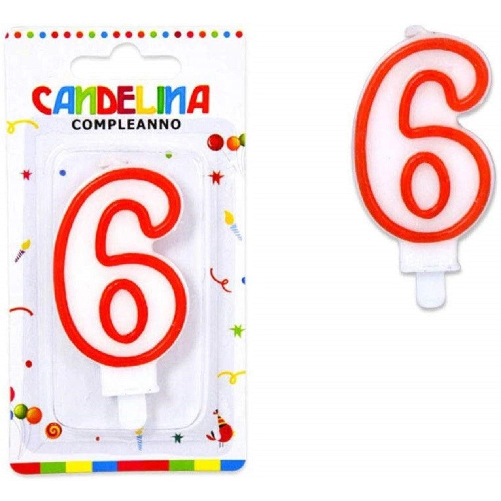 Trade Shop - Candelina Candela Numero 6 Compleanno Bianca Bordo Rosso Candeline Torta Party -