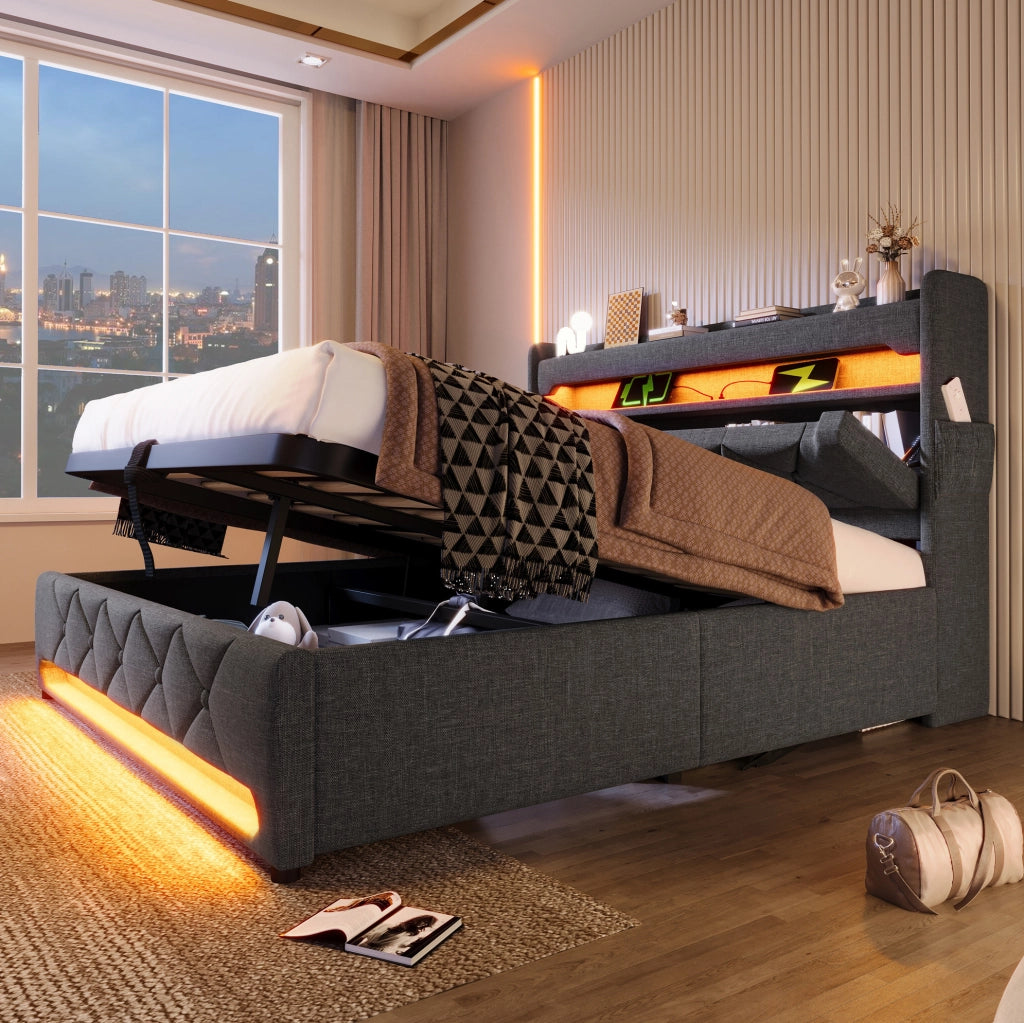 Letto matrimoniale 180x200 cm in lino grigio con contenitore; testiera con USB e LED