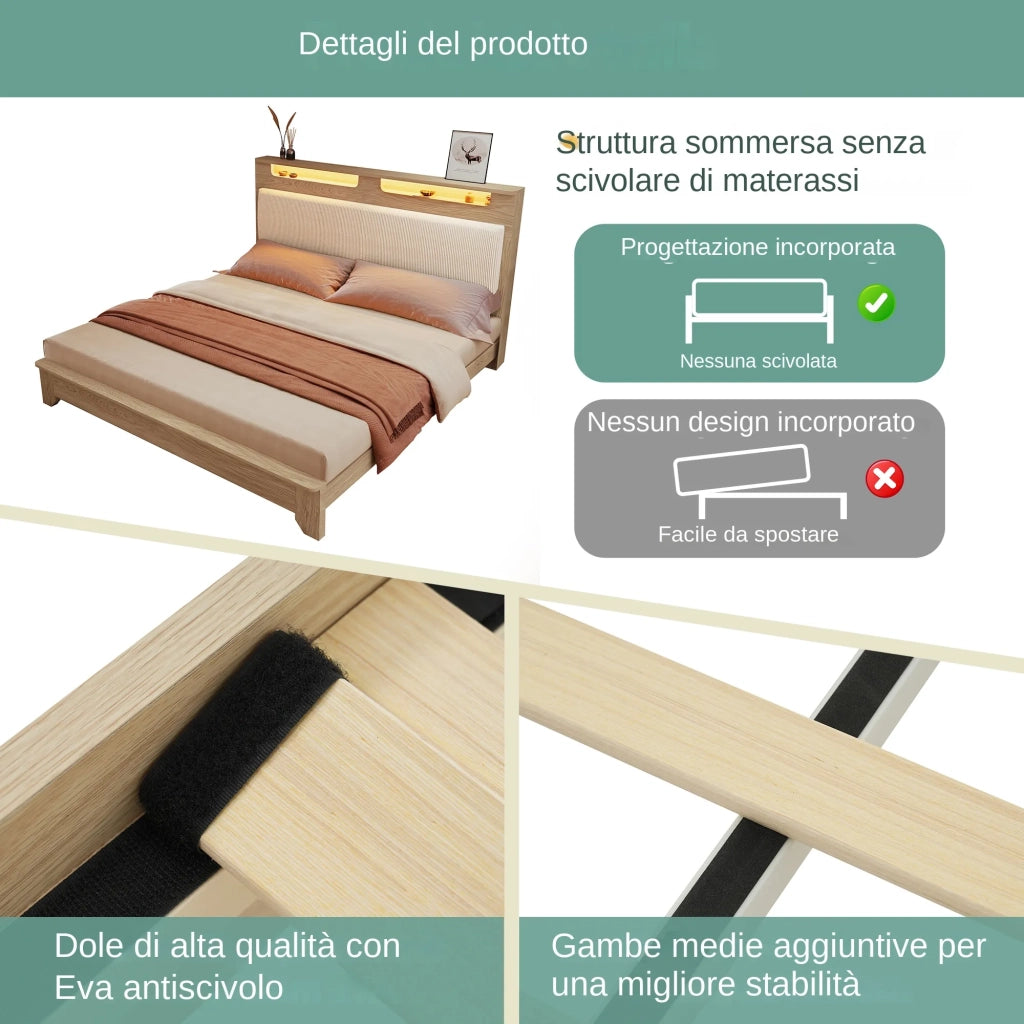Letto matrimoniale 160x200 cm effetto rovere con LED; testiera contenitore; schienale in velluto a coste beige e rete