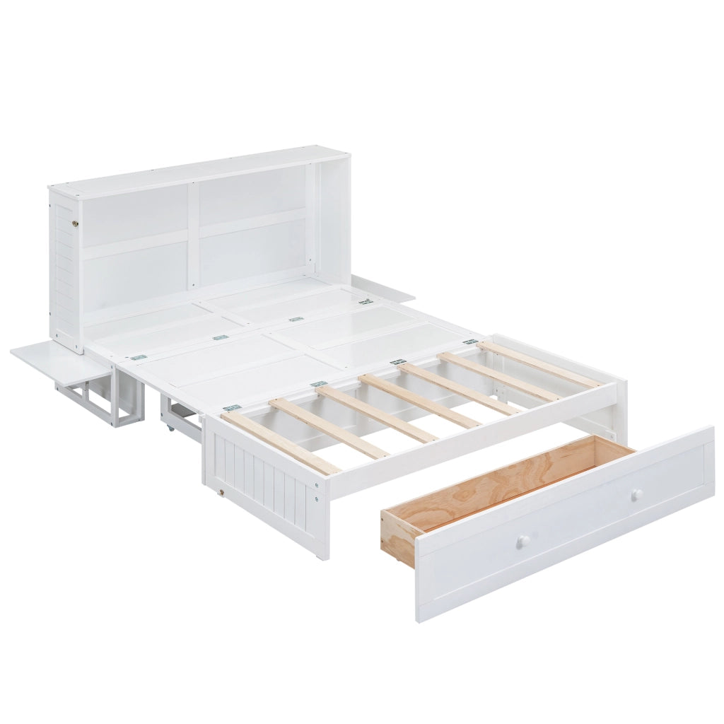 Letto a scomparsa 140x200 cm in pino e MDF; con cassetto e mensole laterali; bianco