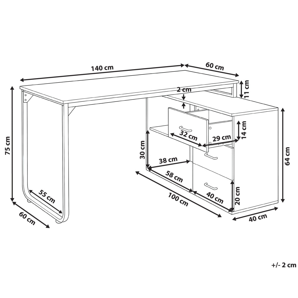 Scrivania da ufficio domestico angolare con 2 ripiani e 3 cassetti Pannello truciolare Gambe in ferro 140 x 100 cm marrone chiaro