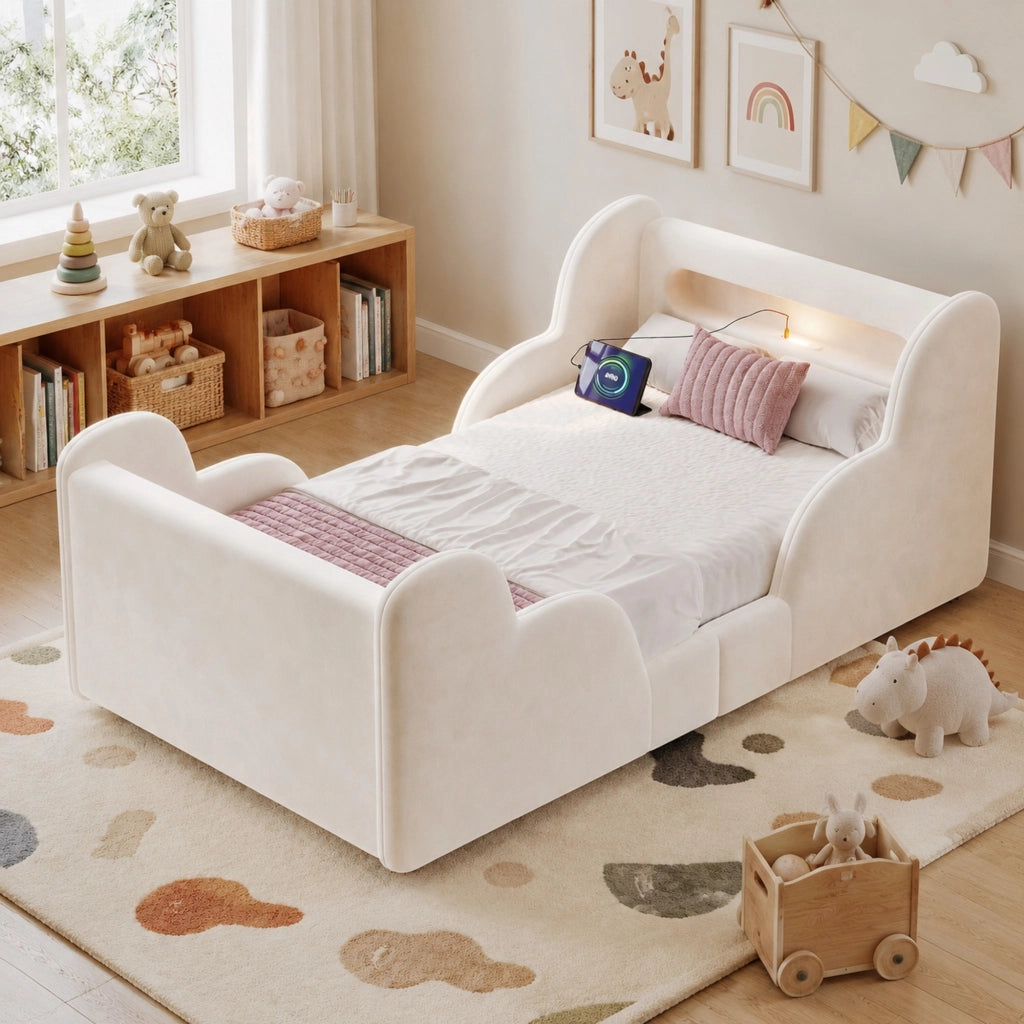 Letto bambino 90x200 cm in velluto beige con sponde imbottite; luce notturna e porte USB e Type-C