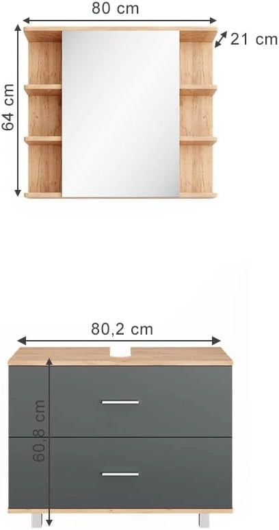 Set mobili bagno Ilias, Antracite/quercia dorata, 80.2 cm, composto da specchio da bagno e mobile sottolavabo