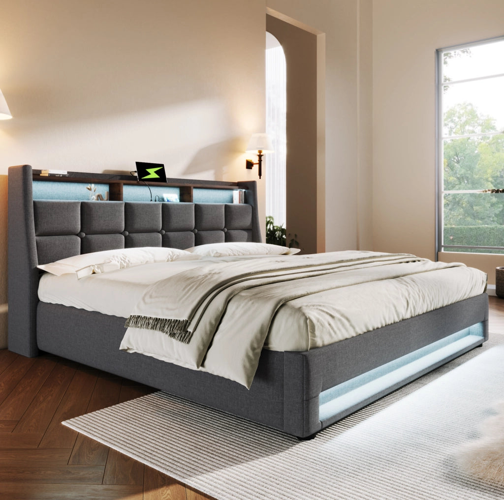Letto imbottito 180x200 cm con LED, USB e contenitore