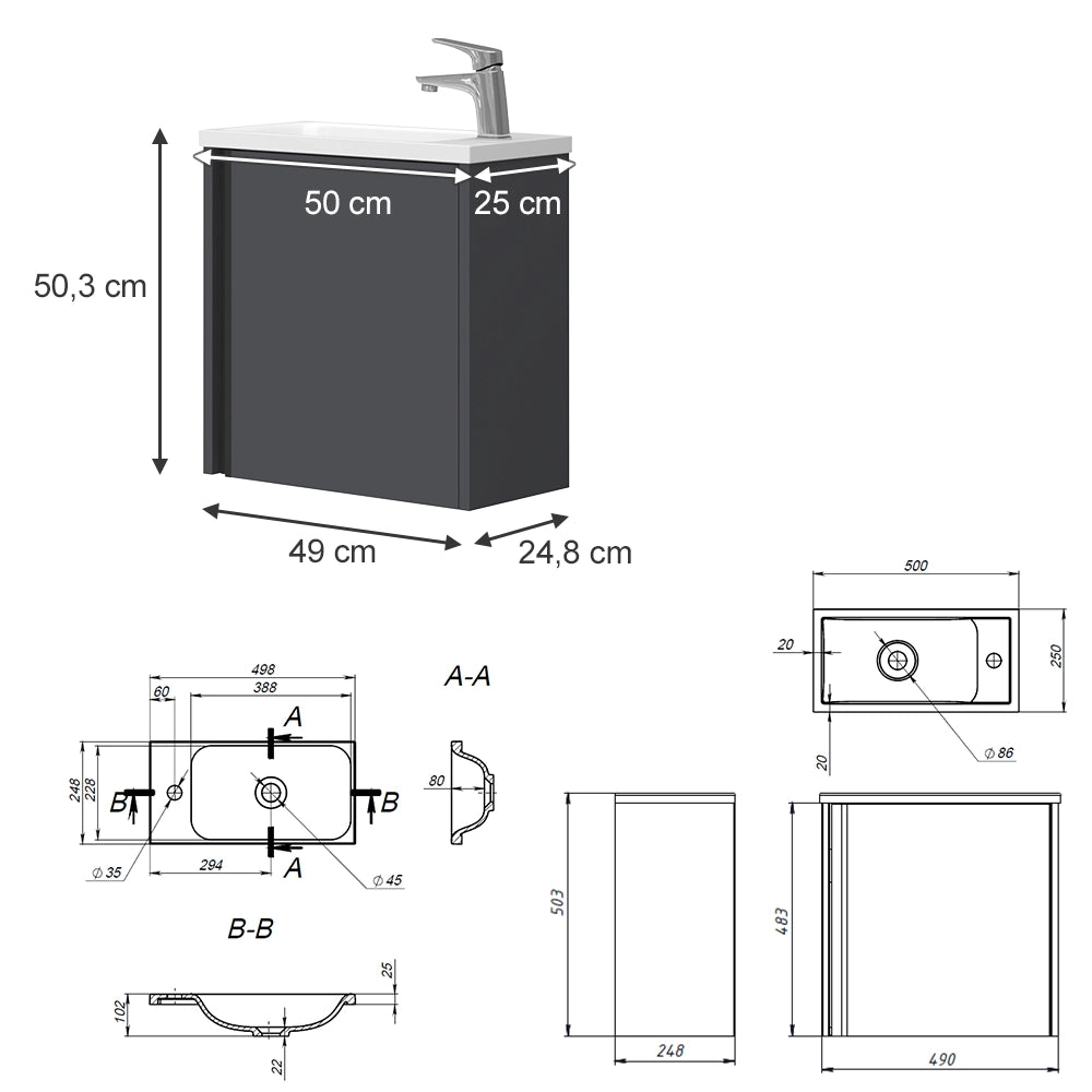 Set di mobili da bagno Kleo Antracite 2 pezzi Vicco