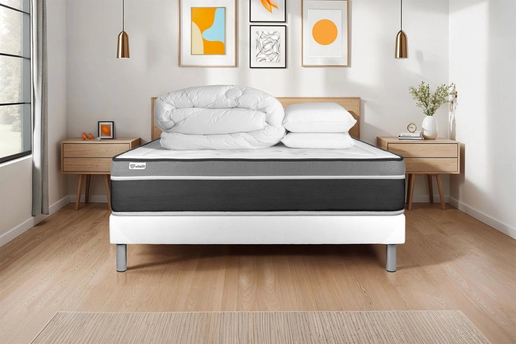 Pacchetto letto completo - Materasso 140x200cm + Box spring con doghe (in kit) + 2 cuscini + Piumino - Vital Care