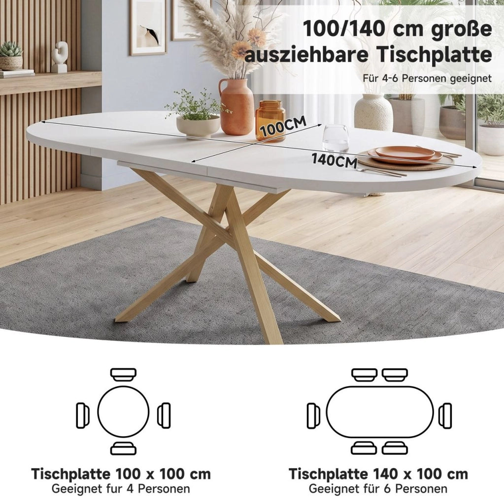 Tavolo da pranzo allungabile rotondo 100/140x100 cm in MDF e metallo; bianco