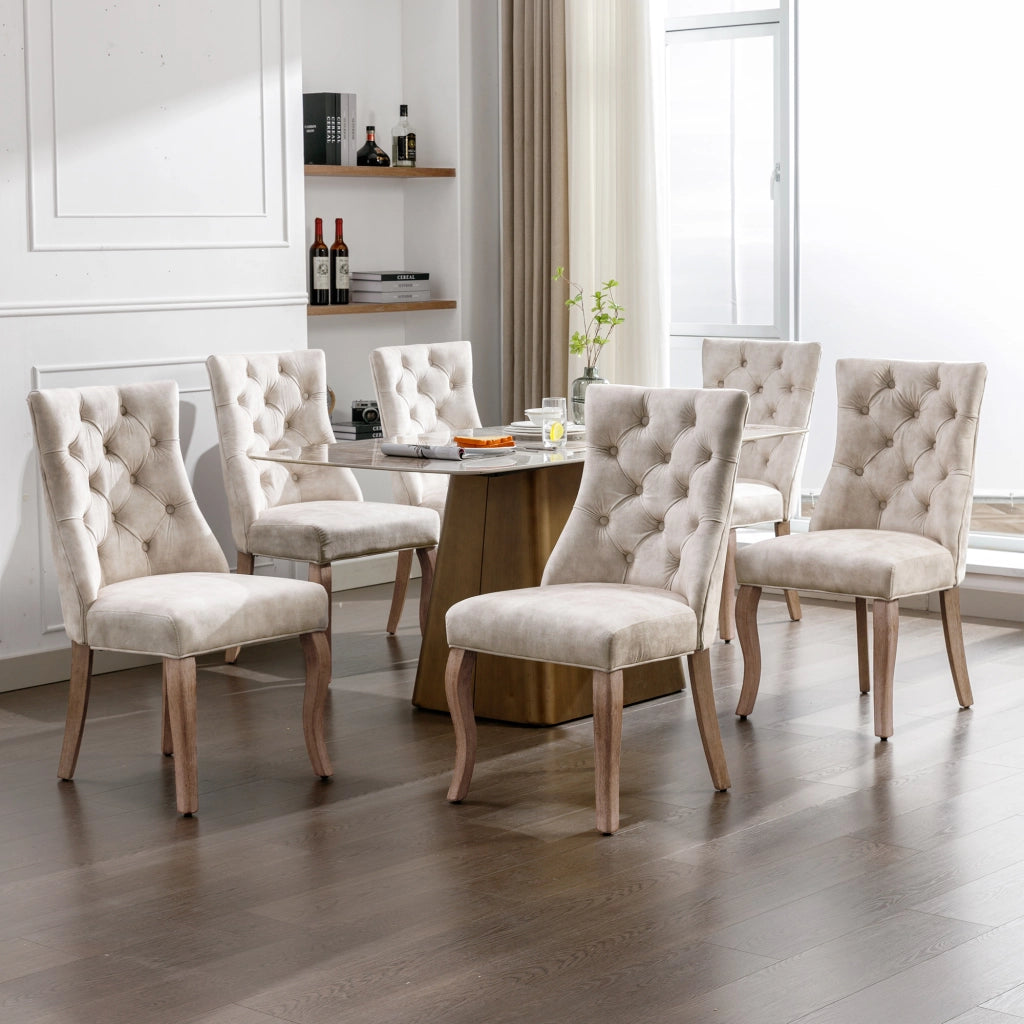 Sedie da Pranzo in Velluto con Schienale Alto ¨C MINIMAL ¨C Beige Chiaro, Gambe Massello, Set 6 Pezzi