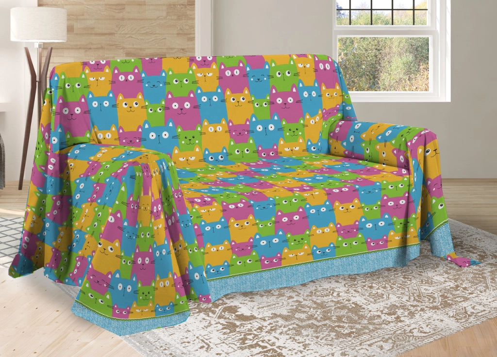 Telo Arredo Multiuso Linea Pensieri Delicati In Cotone Disegno Happy Cat Multicolor - Matrimoniale - Multicolor
