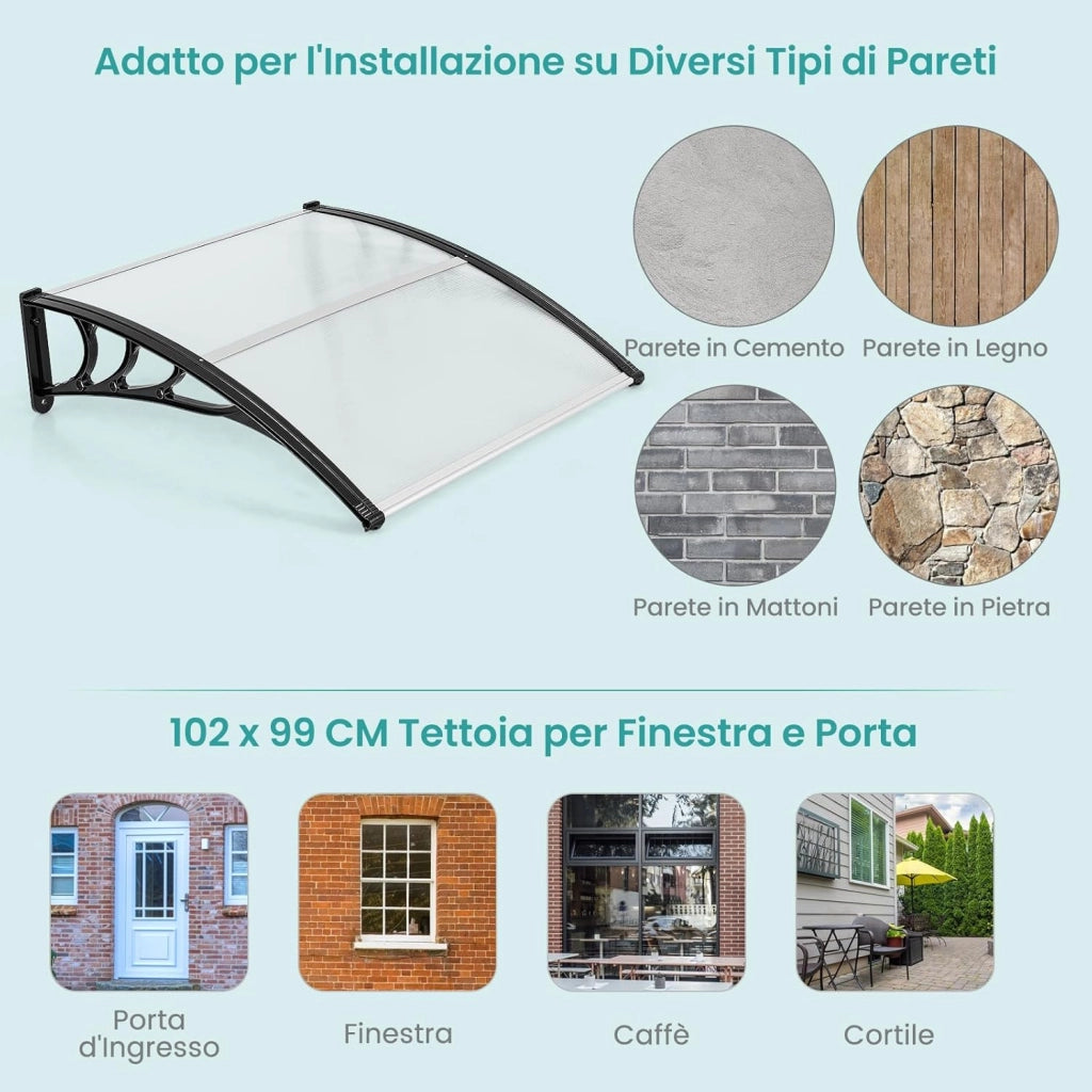 Tettoia per Porta Finestra, Pensilina Tettoia per Porta in Policarbonato, per Protezione da Sole, Pioggia, Neve, per Balcone, Finestre e Porte (102 x 99 x 28 cm,Grigio)