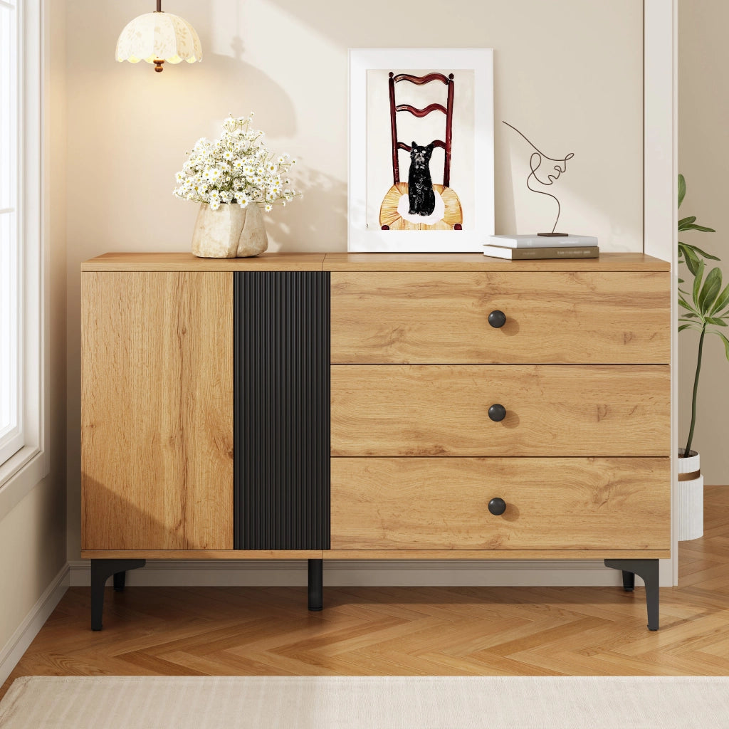 Sideboard 120x35x76 cm con anta e 3 cassetti in pannello truciolare nero e naturale
