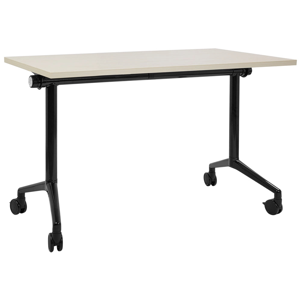 Scrivania rettangolare pieghevole con rotelle portatile con struttura in metallo marrone chiaro e nero 120 x 60 cm stile moderno