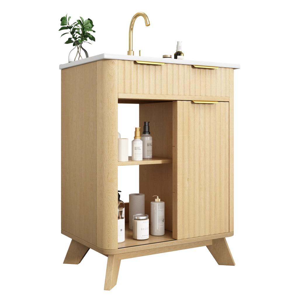Mobile sottolavabo con 3 cassetti e anta scorrevole - per bagno - in MDF e ceramica - 61x47x90 cm - legno naturale