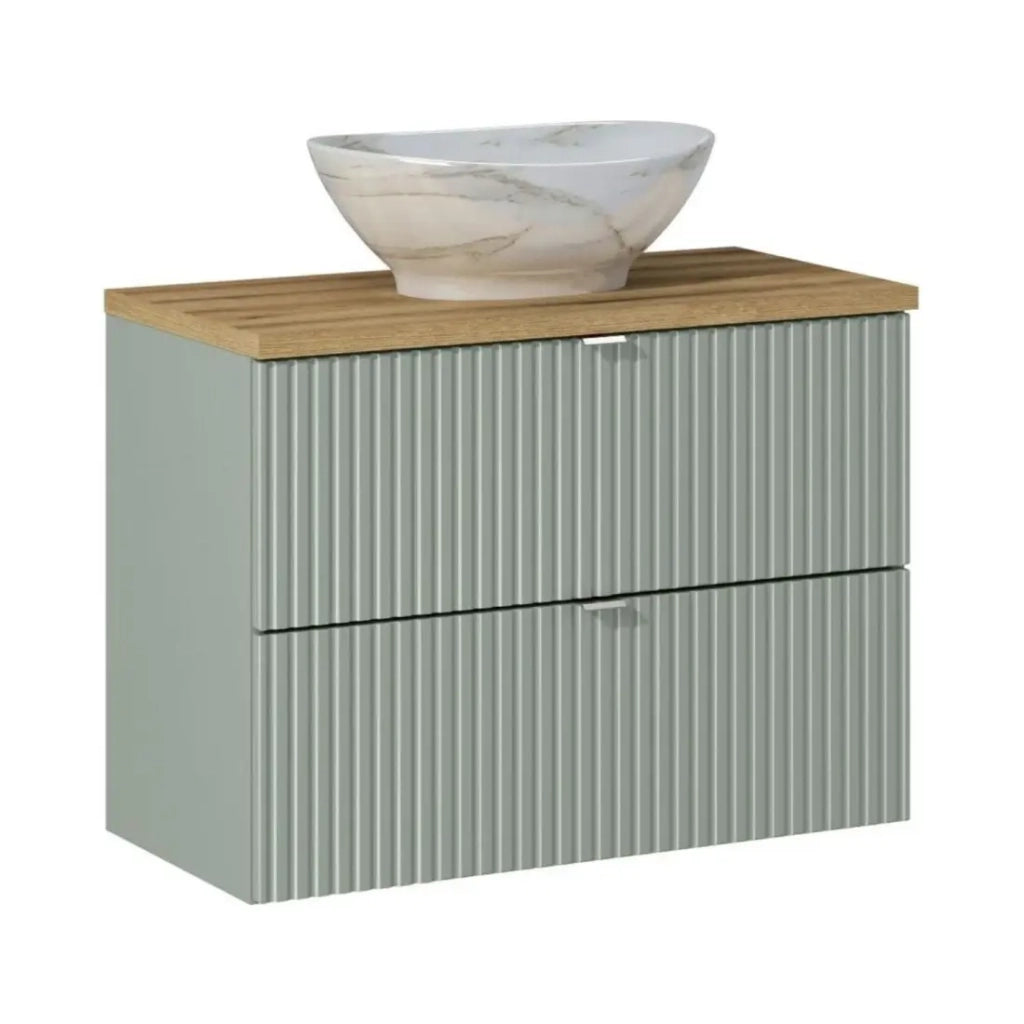Insieme ELVINA 80cm: mobile sottolavabo con cassetti verde + piano per lavabo in aspetto legno scuro + lavabo da appoggio marmorizzato