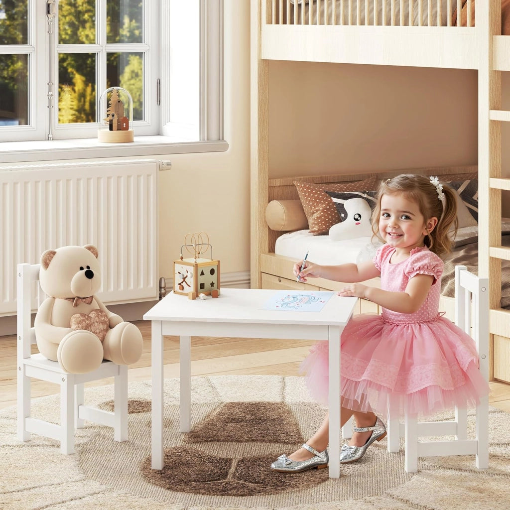 Set da Tavolino e Sedie per Bambini, Tavolo Bambini con 2 Sedie, per Cameretta e Asilo, 60x50x48,5 cm, Bianco