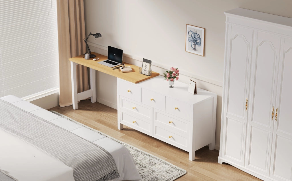 Scrivania con 7 cassetti e piano girevole 360 gradi per studio in bianco e rovere