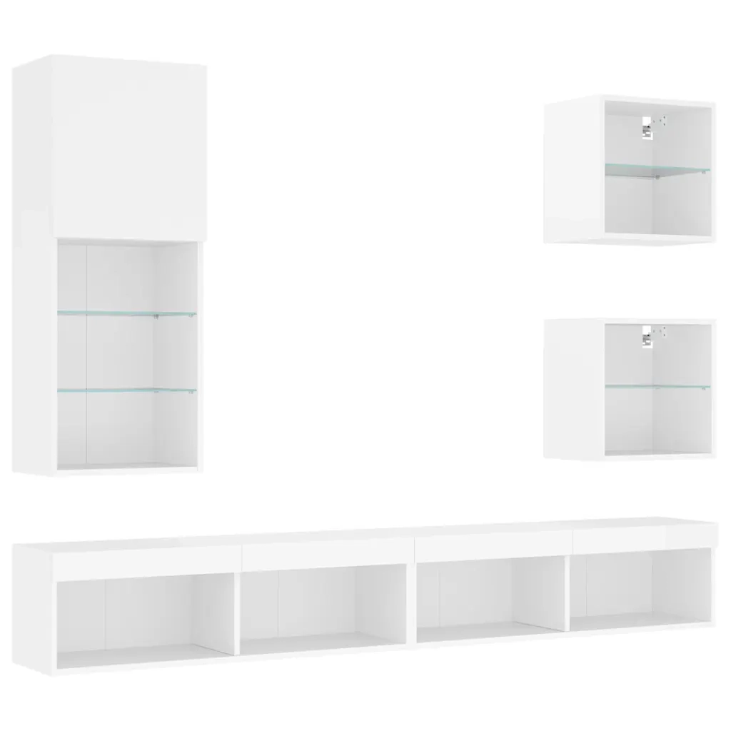 Mobili TV a Muro con LED 5pz Bianchi in Legno Multistratocod mxl 134432
