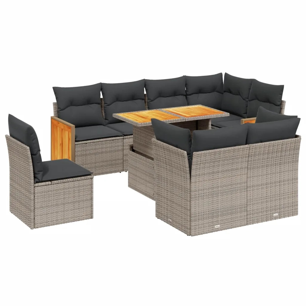 Set Divano da Giardino 9 pz con Cuscini Grigio in Polyrattan