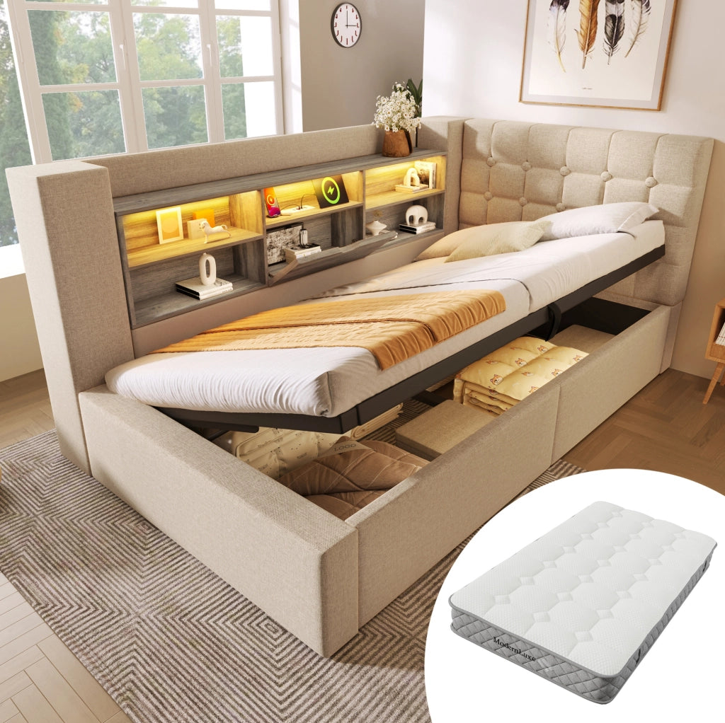 Letto singolo 90x200 cm con contenitore; LED; porte USB e Type-C; beige; con materasso