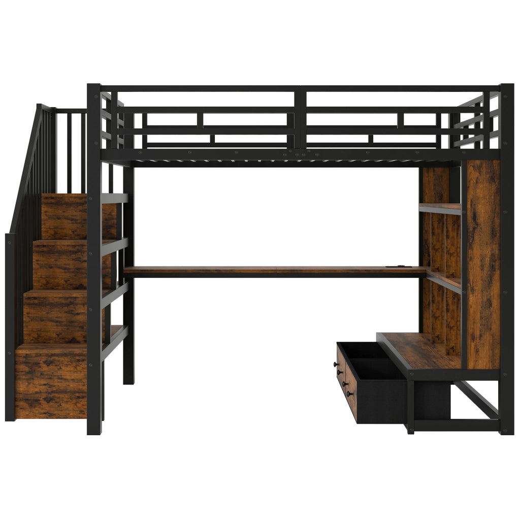 Letto a soppalco 140x200 cm con scrivania; libreria; cassetti e LED; nero in MDF e metallo