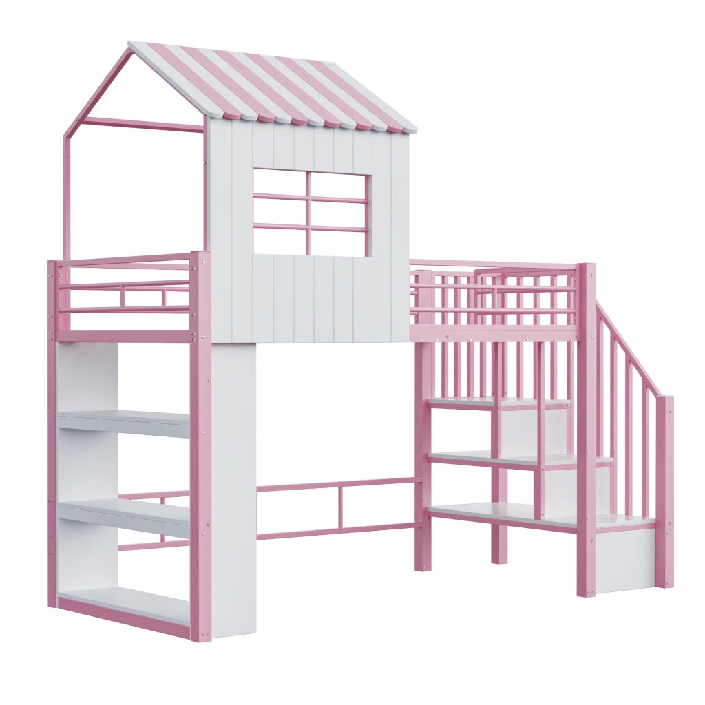 Letto a soppalco ¨C Minimal ¨C Rosa metallo 90x200cm con scala regolabile e mensole di stoccaggio