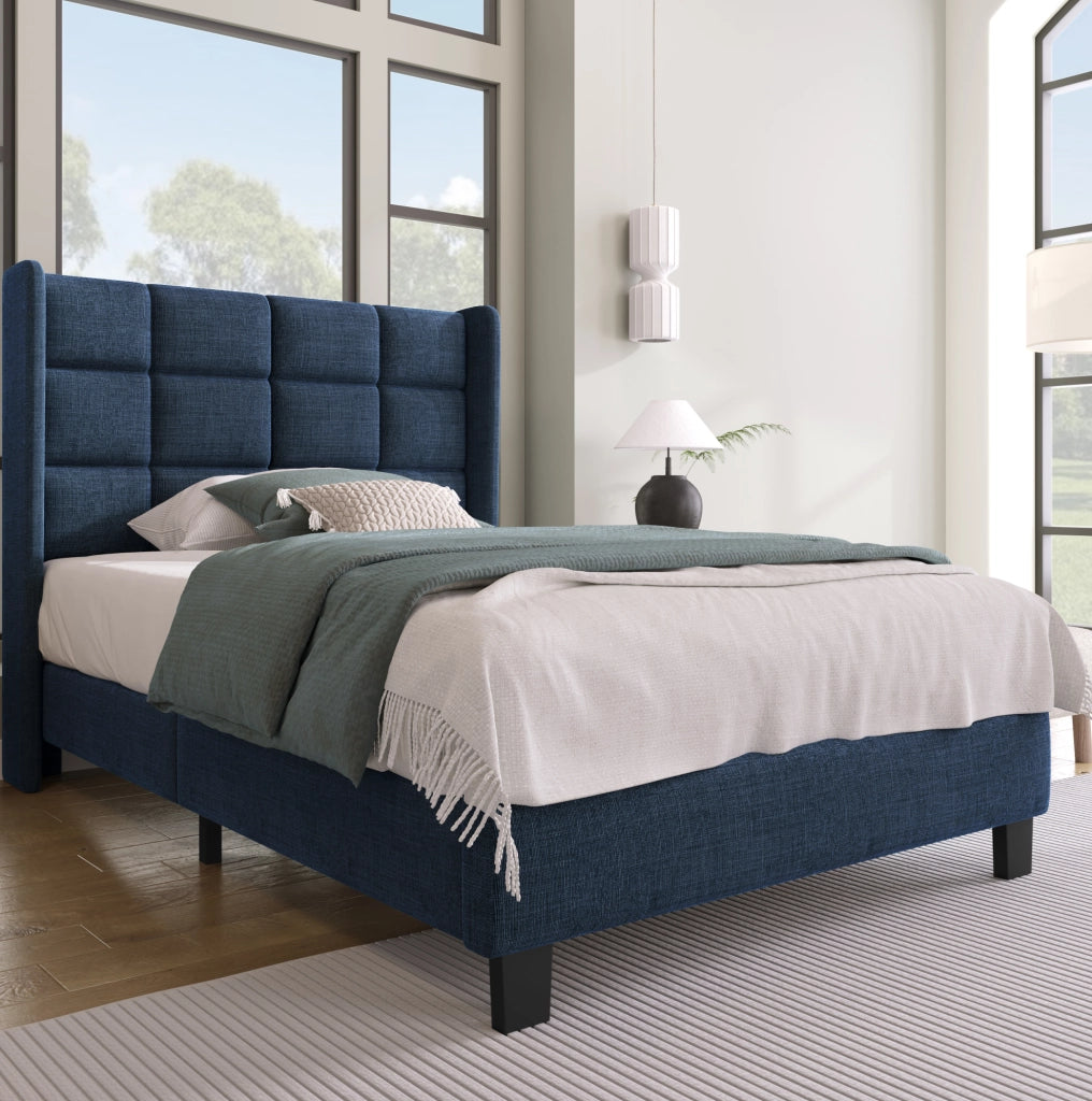 Letto imbottito singolo 90x200 cm blu in lino con rete a doghe