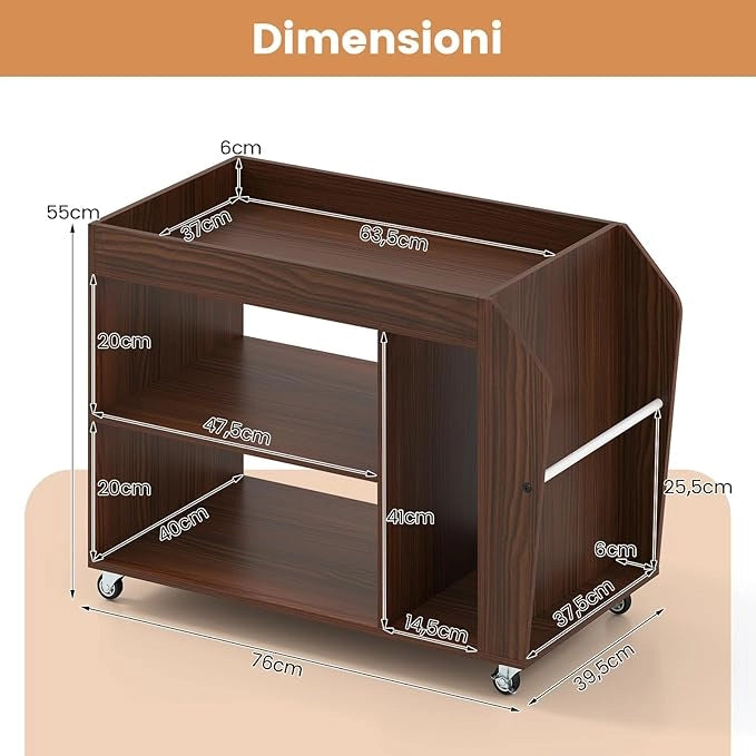 Tavolino da Salotto a 3 Ripiani con Ruote, Tavolino Caffè Laterale in Legno per Soggiono e Studio, Mobile Porta Stampante per Casa e Ufficio, 76 x 39,5 x 55 cm, Noce