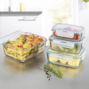 Set di contenitori in vetro, imballaggio da 4 contenitori con coperchi | resistente a lavastoviglie, forno a microonde e congelatore, coperchi con sigillatura in silicone e chiusura a click 4 vie