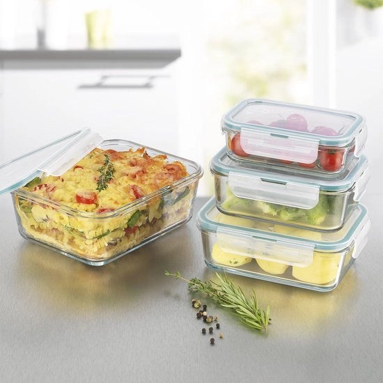 Set di contenitori in vetro, imballaggio da 4 contenitori con coperchi | resistente a lavastoviglie, forno a microonde e congelatore, coperchi con sigillatura in silicone e chiusura a click 4 vie