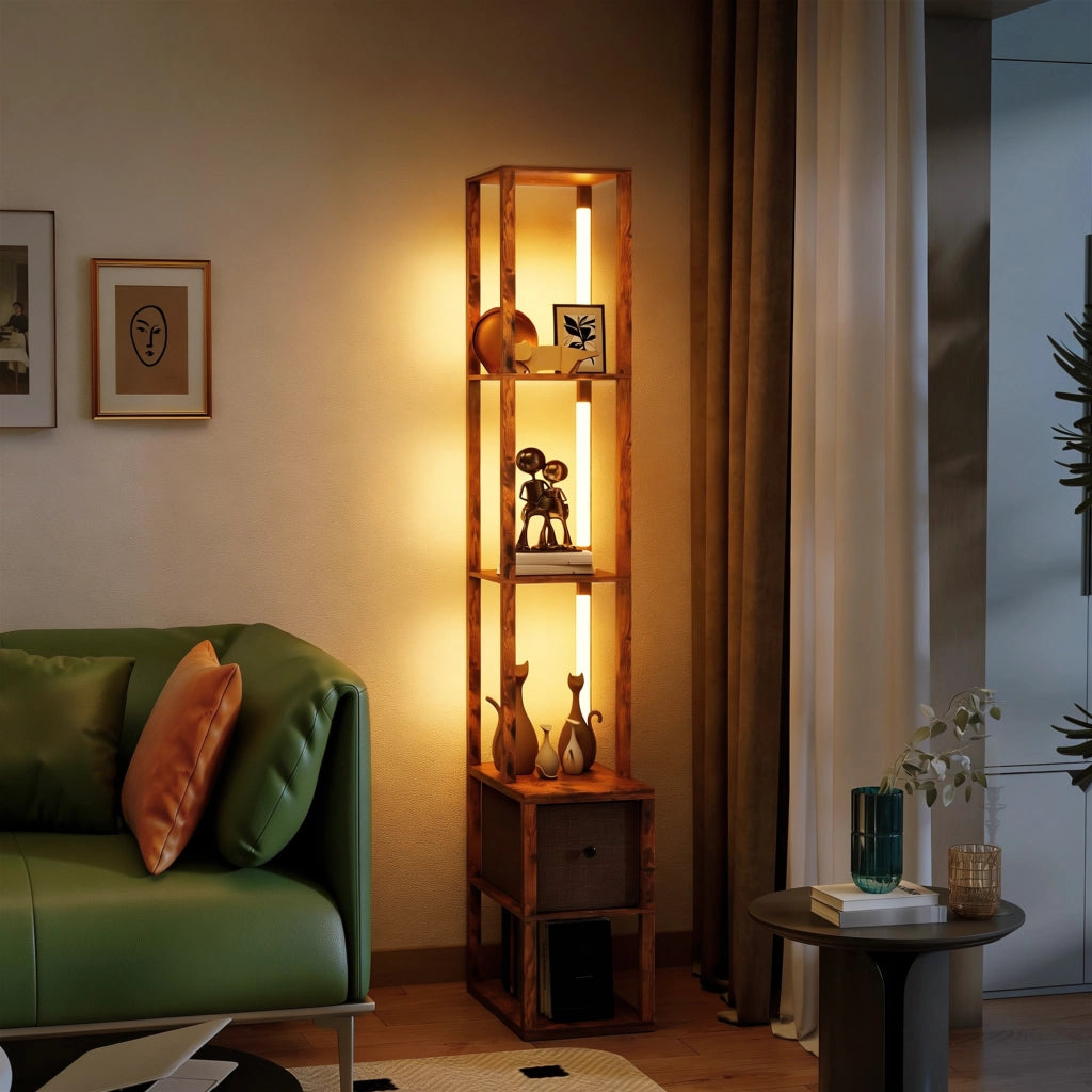 Lampada da terra con scaffali, regolabile, colore marrone ¨C zephmum ¨C 160x30x30